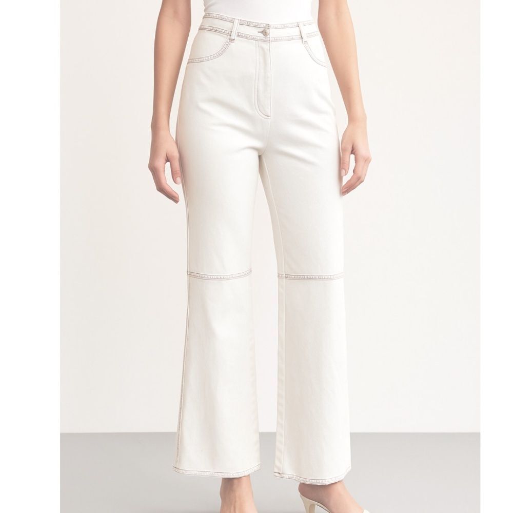 Escada Cream Bootcut Jeans with Blue Zig Zag Stitching